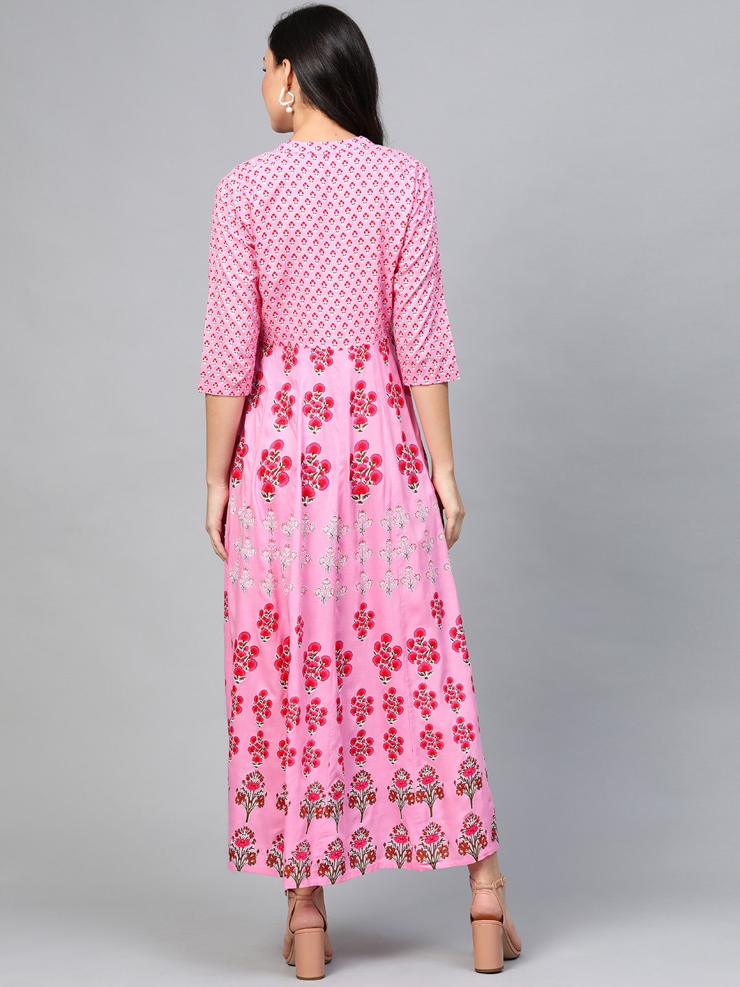 Women Pink Floral Printed Mandarin Collar Viscose Rayon Fit and Flare Dress | NOZ2TOZ - Made In INDIA.