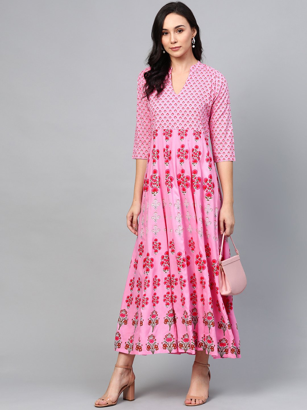 Women Pink Floral Printed Mandarin Collar Viscose Rayon Fit and Flare Dress | NOZ2TOZ - Made In INDIA.