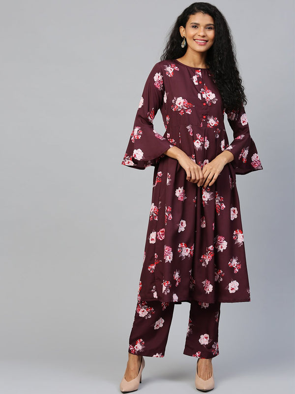 Women Burgundy Three-Quarter Sleeves Flared Kurta Palazzo Set | NOZ2TOZ - Made In INDIA.