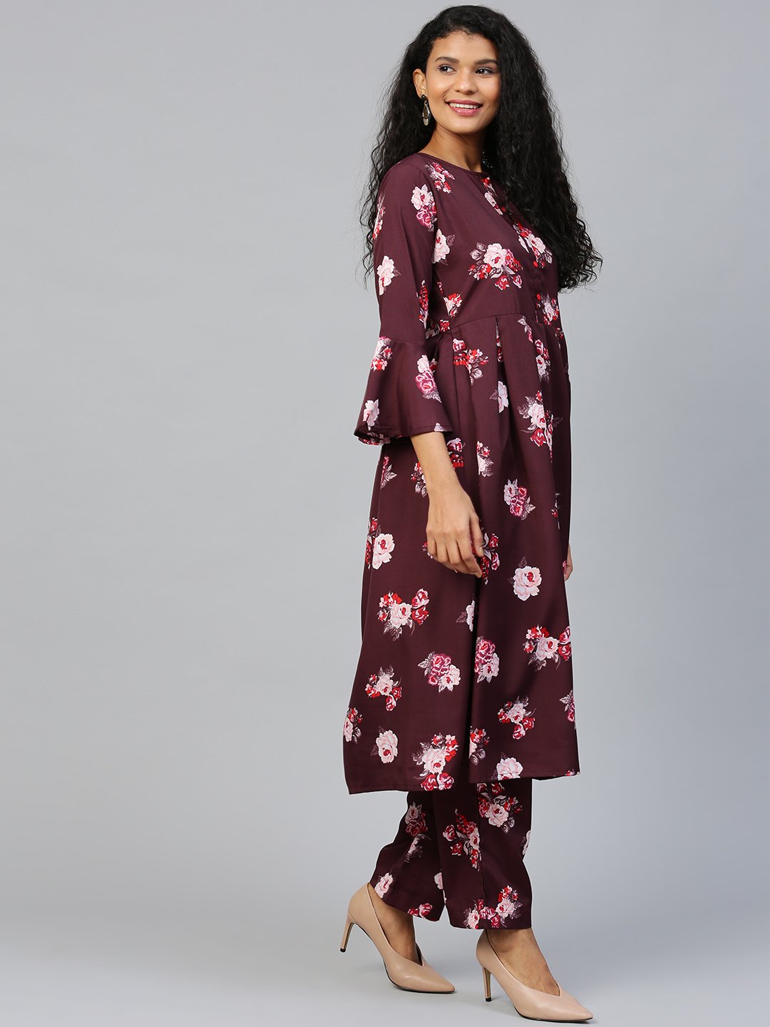 Women Burgundy Three-Quarter Sleeves Flared Kurta Palazzo Set | NOZ2TOZ - Made In INDIA.