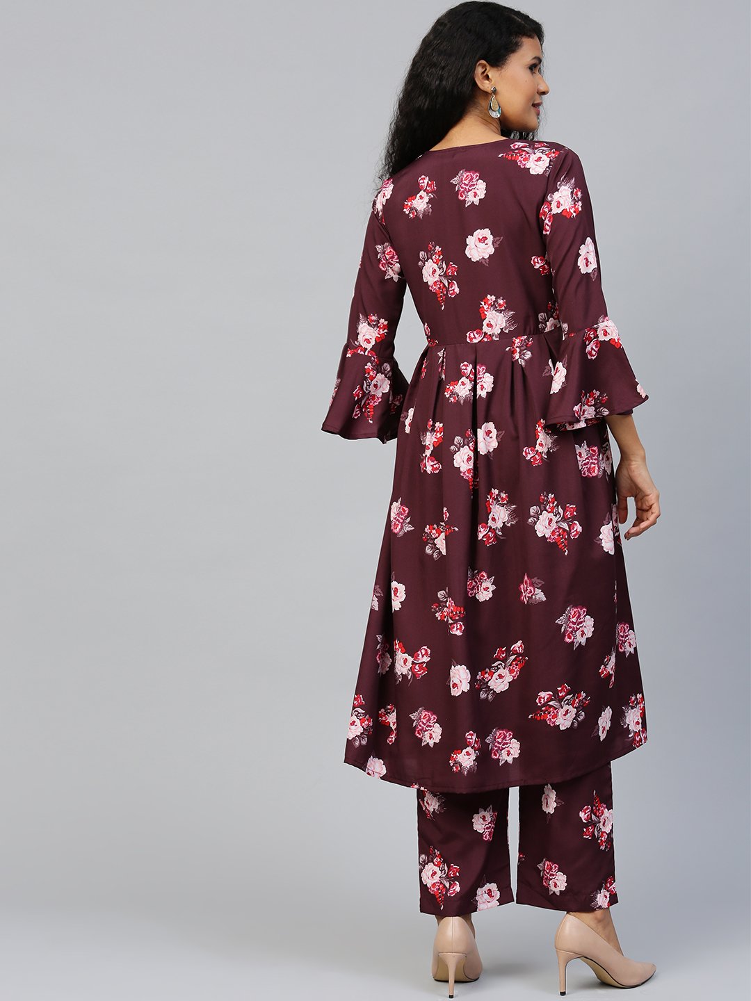 Women Burgundy Three-Quarter Sleeves Flared Kurta Palazzo Set | NOZ2TOZ - Made In INDIA.