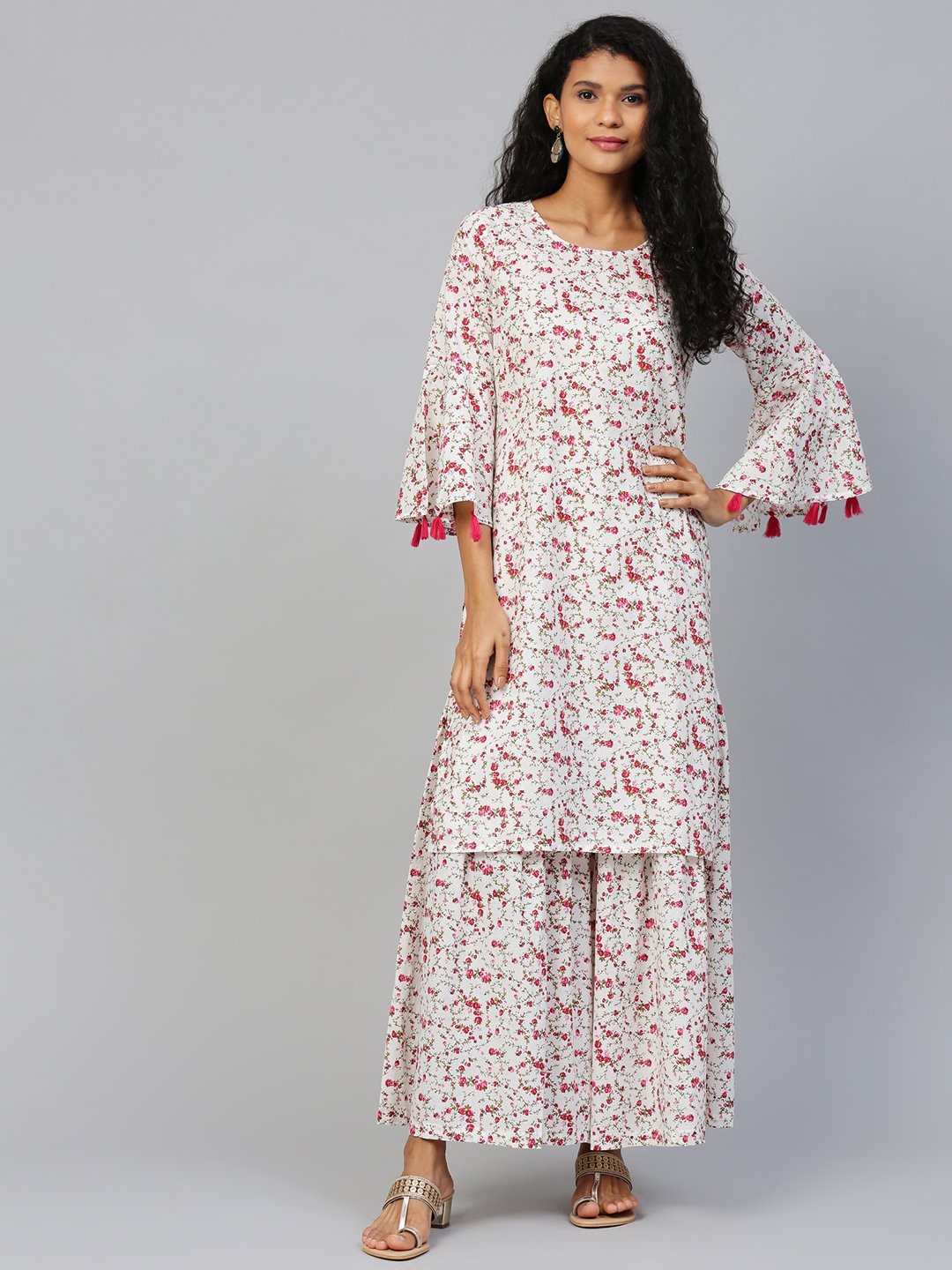 Women White Three-Quarter Sleeves Straight Kurta With Sharara | NOZ2TOZ - Made In INDIA.