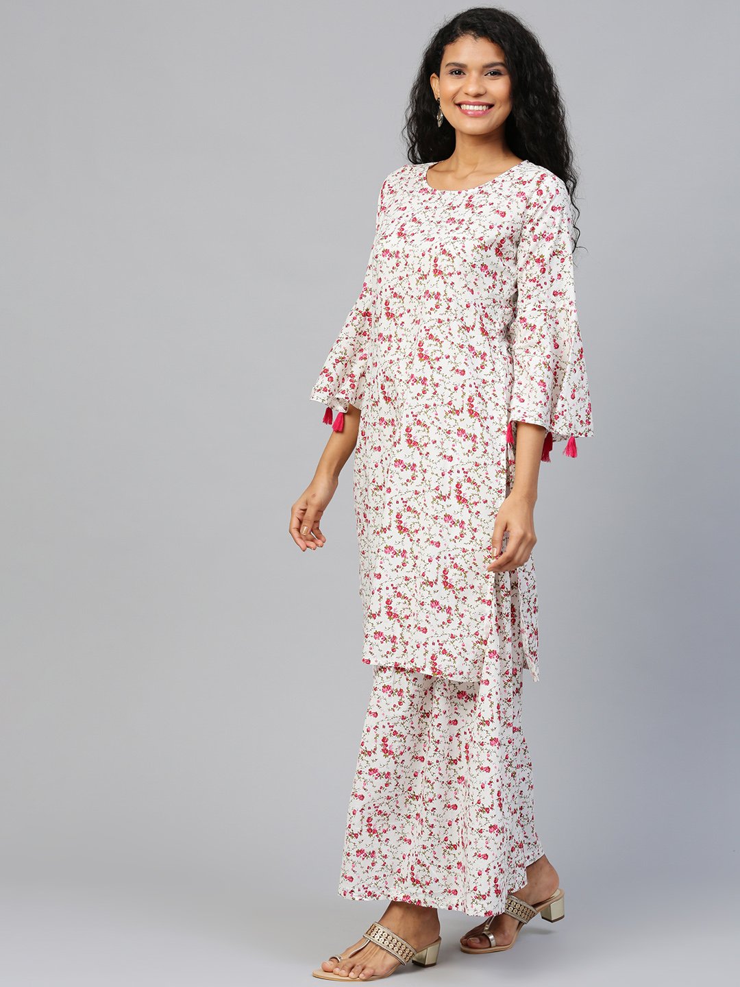 Women White Three-Quarter Sleeves Straight Kurta With Sharara | NOZ2TOZ - Made In INDIA.