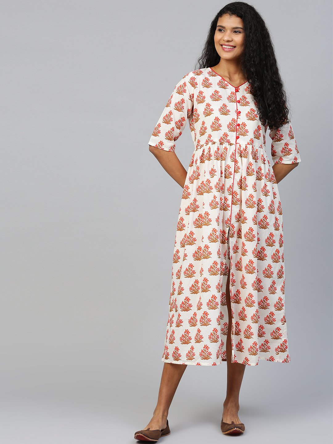 Women Off white Floral Printed V-Neck Cotton A-Line Dress | NOZ2TOZ - Made In INDIA.