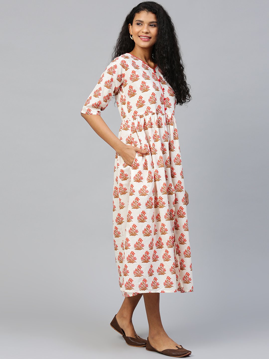 Women Off white Floral Printed V-Neck Cotton A-Line Dress | NOZ2TOZ - Made In INDIA.