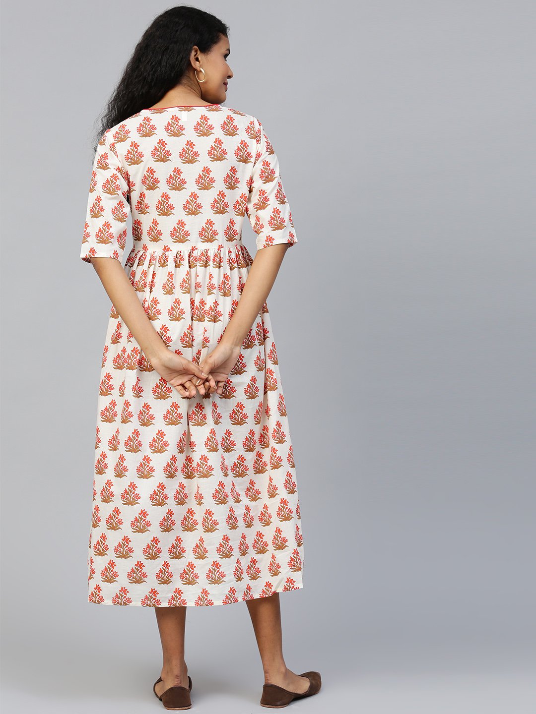 Women Off white Floral Printed V-Neck Cotton A-Line Dress | NOZ2TOZ - Made In INDIA.