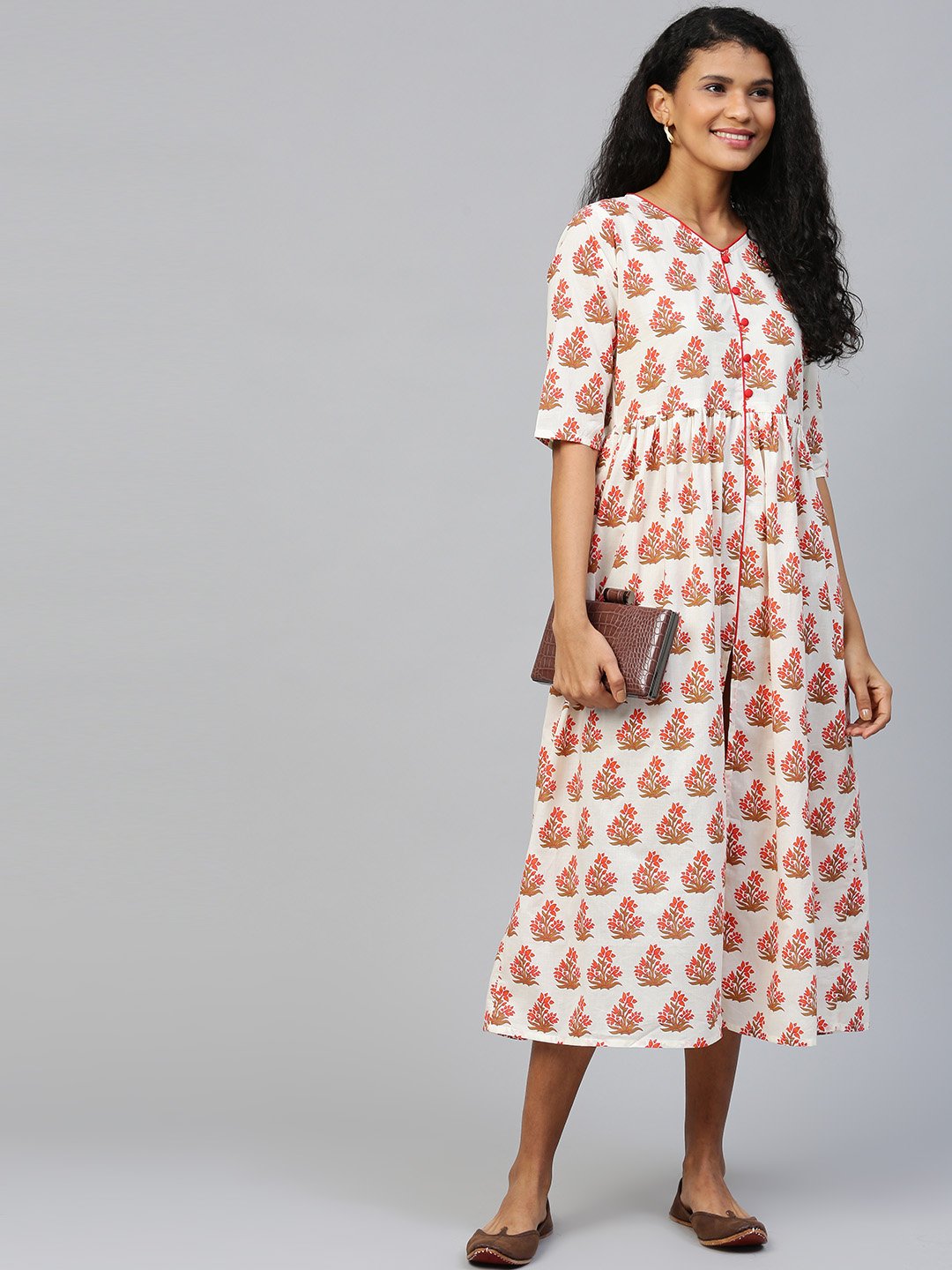 Women Off white Floral Printed V-Neck Cotton A-Line Dress | NOZ2TOZ - Made In INDIA.