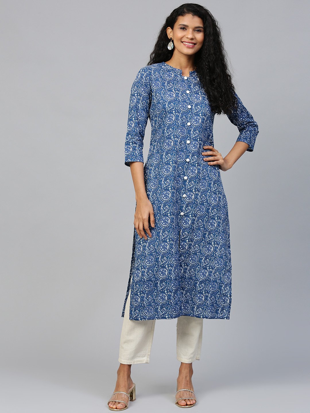 Women Blue Floral Printed Mandarin Collar Cotton A-Line Dress | NOZ2TOZ - Made In INDIA.