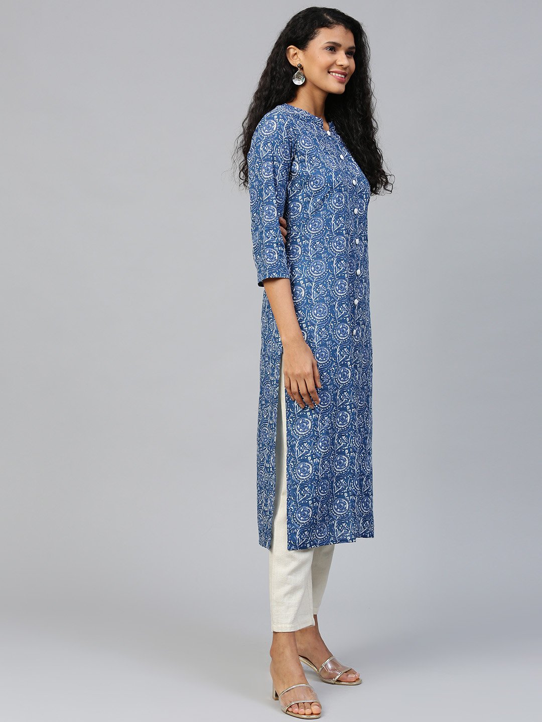 Women Blue Floral Printed Mandarin Collar Cotton A-Line Dress | NOZ2TOZ - Made In INDIA.