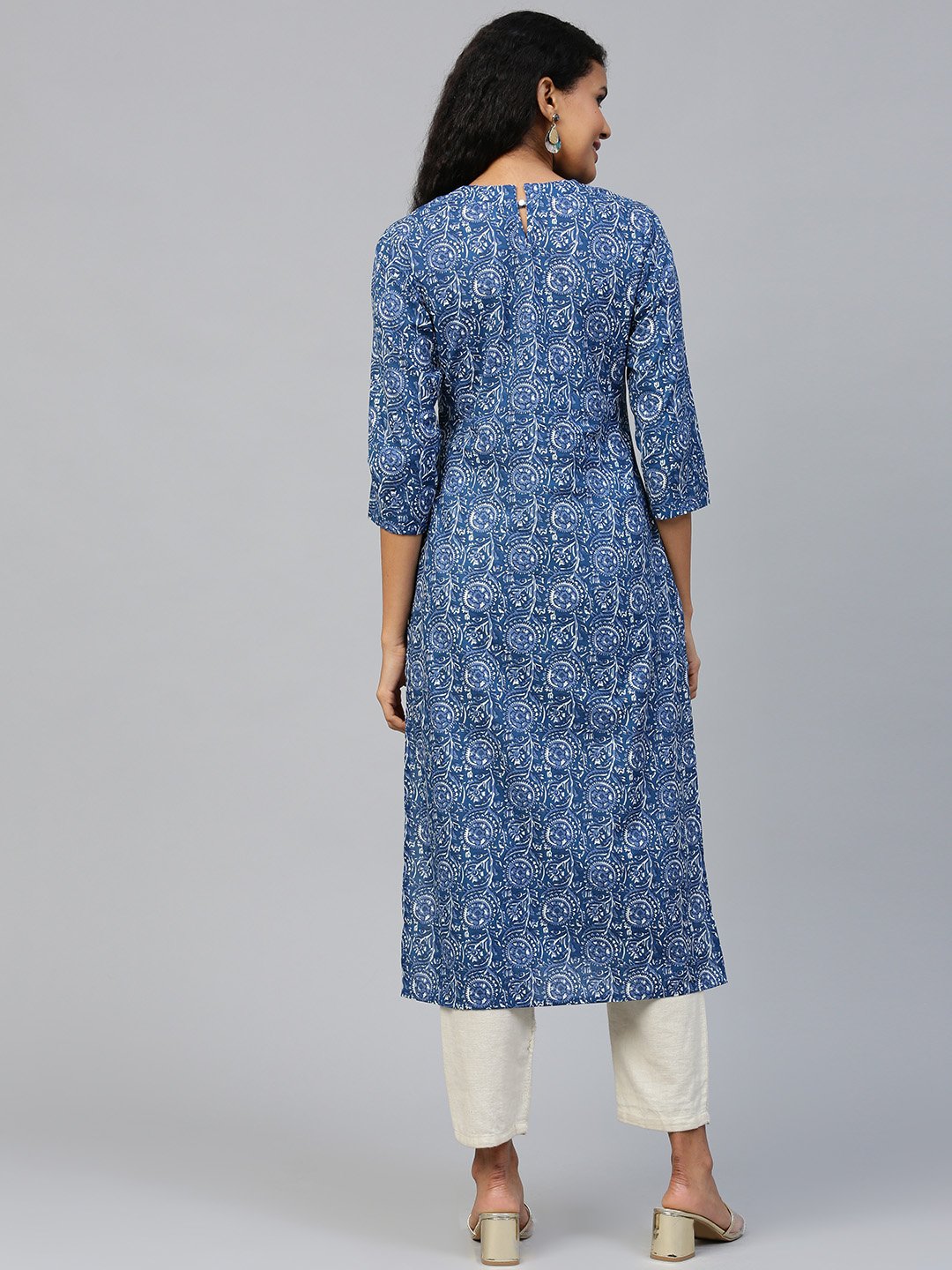 Women Blue Floral Printed Mandarin Collar Cotton A-Line Dress | NOZ2TOZ - Made In INDIA.