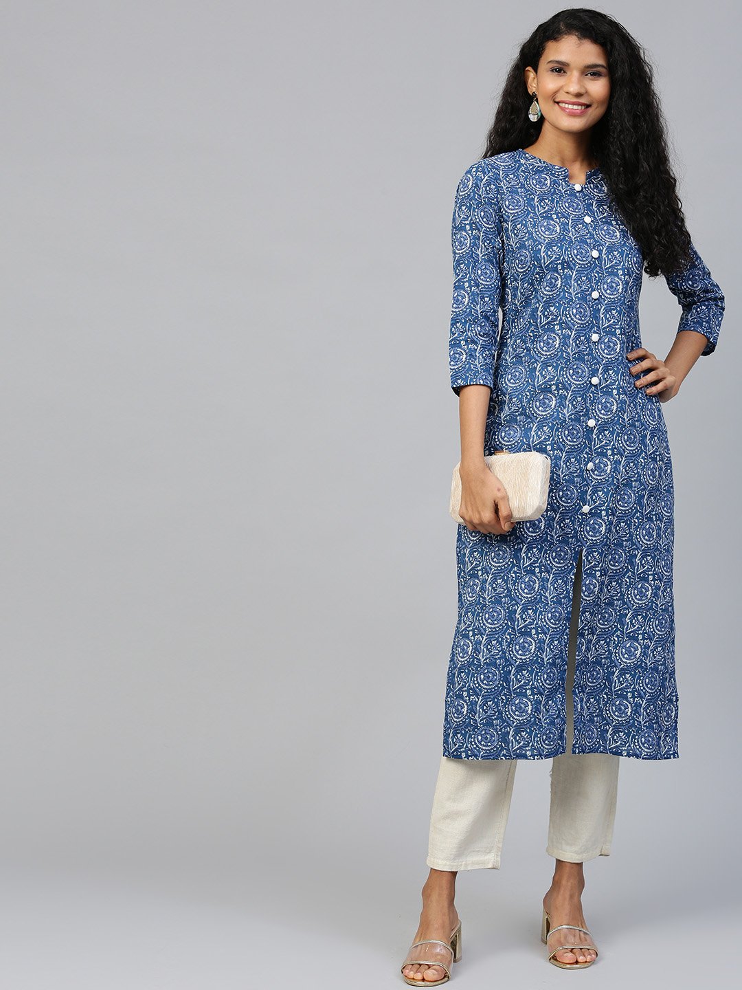 Women Blue Floral Printed Mandarin Collar Cotton A-Line Dress | NOZ2TOZ - Made In INDIA.