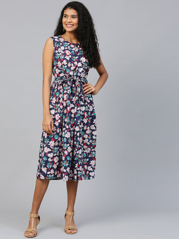 Women Black Floral Printed Round Neck Cotton A-Line Dress | NOZ2TOZ - Made In INDIA.