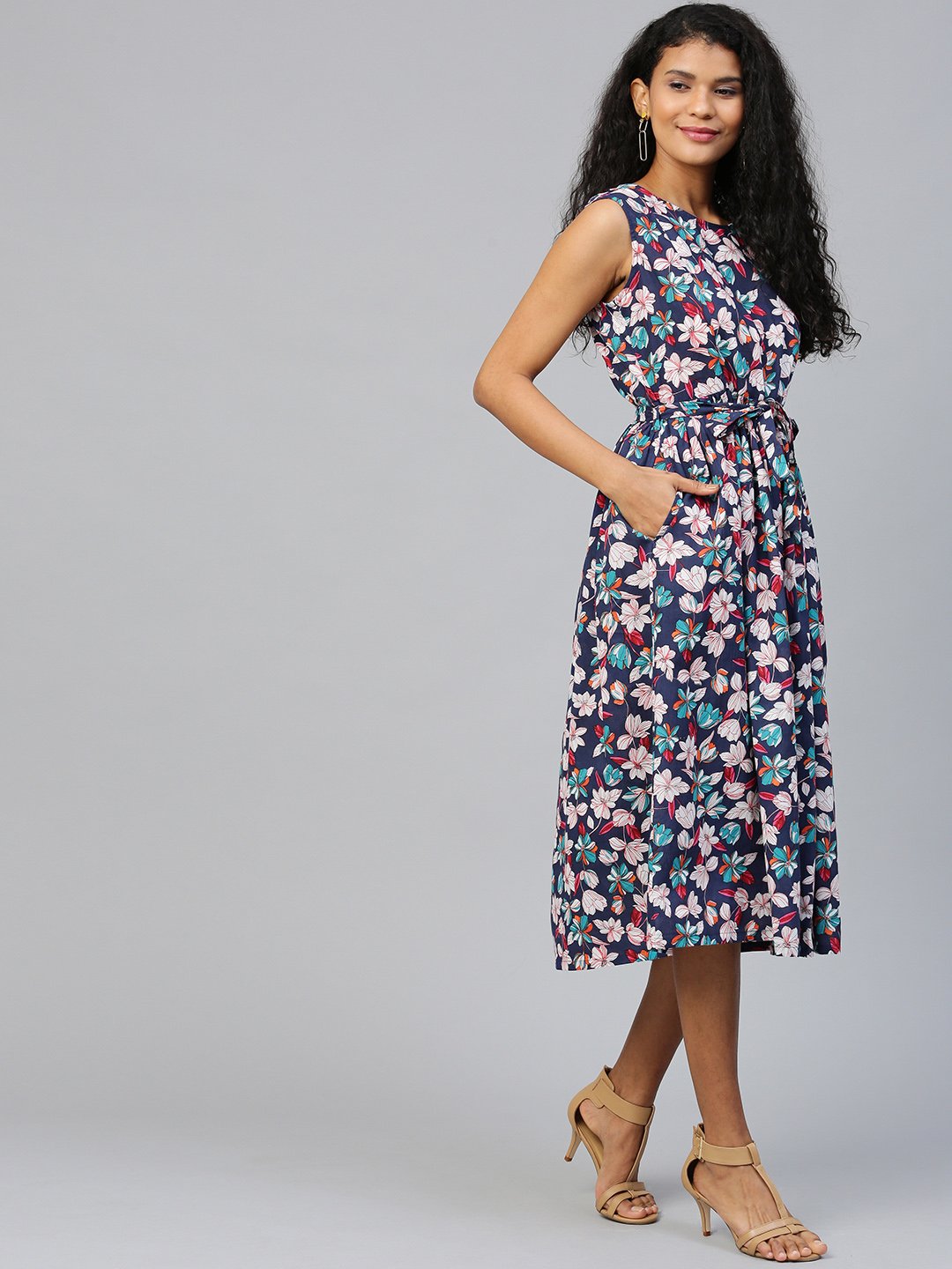 Women Black Floral Printed Round Neck Cotton A-Line Dress | NOZ2TOZ - Made In INDIA.