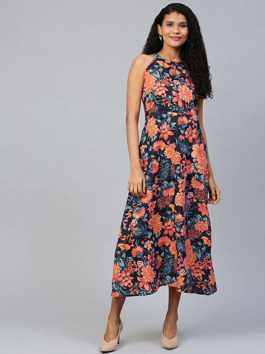 Women Black Floral Printed Halter Neck Cotton A-Line Dress | NOZ2TOZ - Made In INDIA.