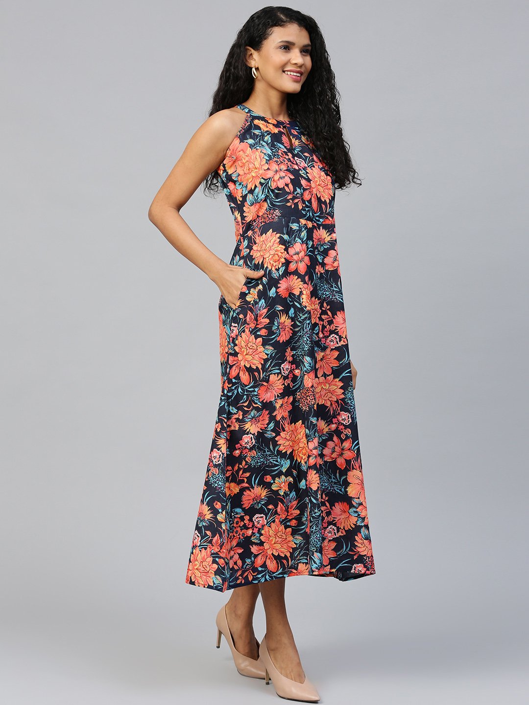 Women Black Floral Printed Halter Neck Cotton A-Line Dress | NOZ2TOZ - Made In INDIA.