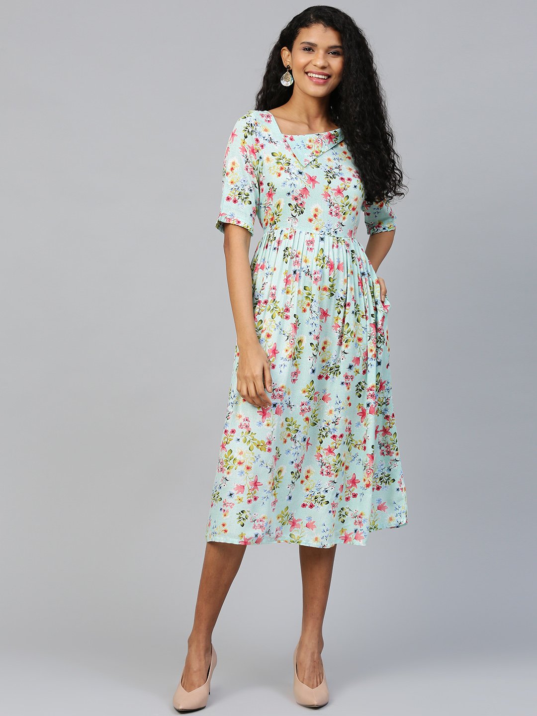 Women Blue Floral Printed Square Neck Viscose Rayon Fit and Flare Dress | NOZ2TOZ - Made In INDIA.