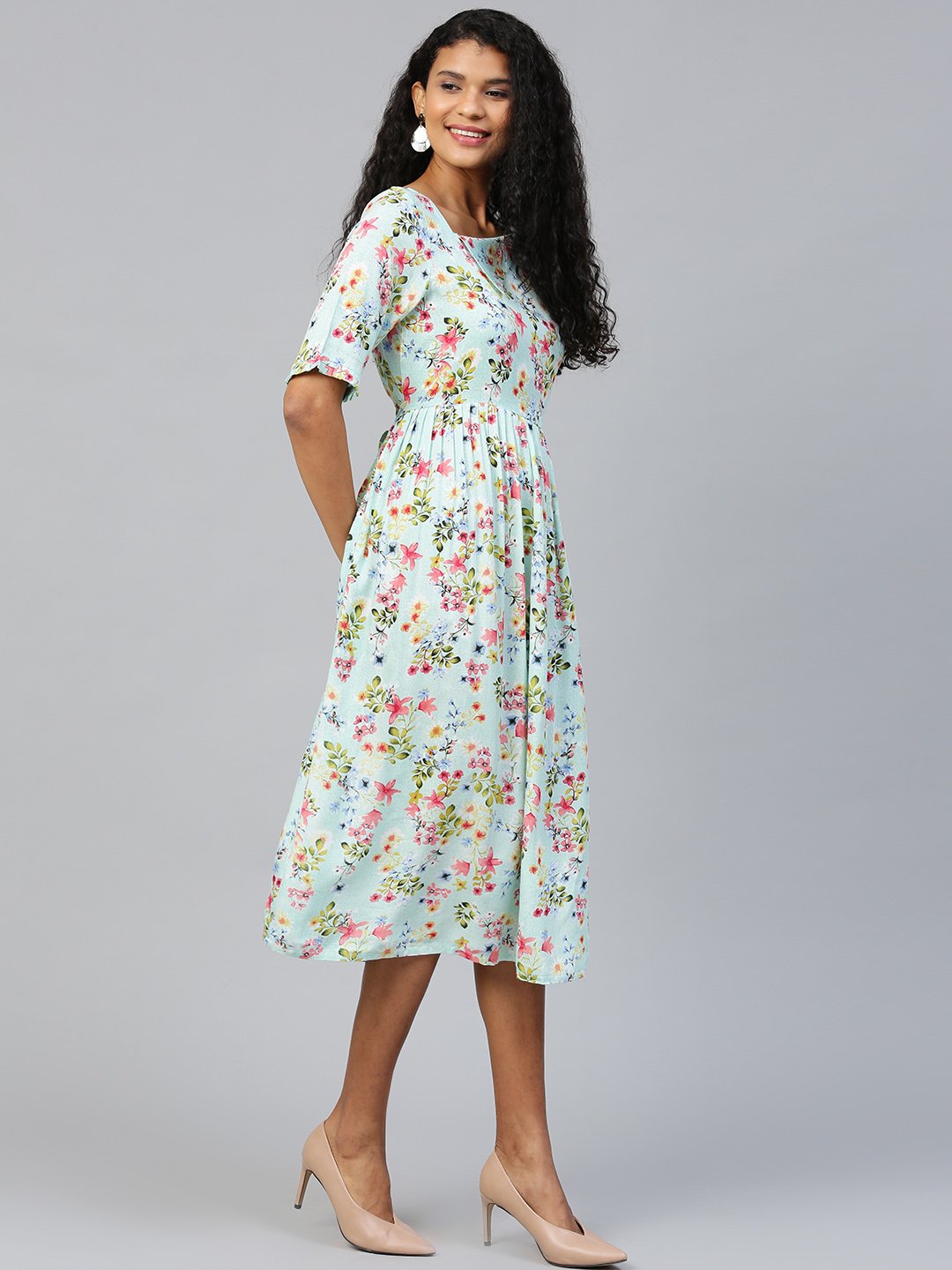 Women Blue Floral Printed Square Neck Viscose Rayon Fit and Flare Dress | NOZ2TOZ - Made In INDIA.