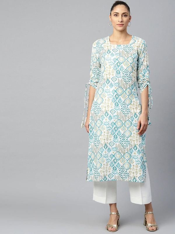 Women White Calf Length Long Sleeves A-Line Quirky Printed Cotton Kurta | NOZ2TOZ - Made In INDIA.