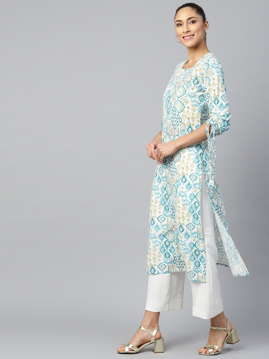 Women White Calf Length Long Sleeves A-Line Quirky Printed Cotton Kurta | NOZ2TOZ - Made In INDIA.