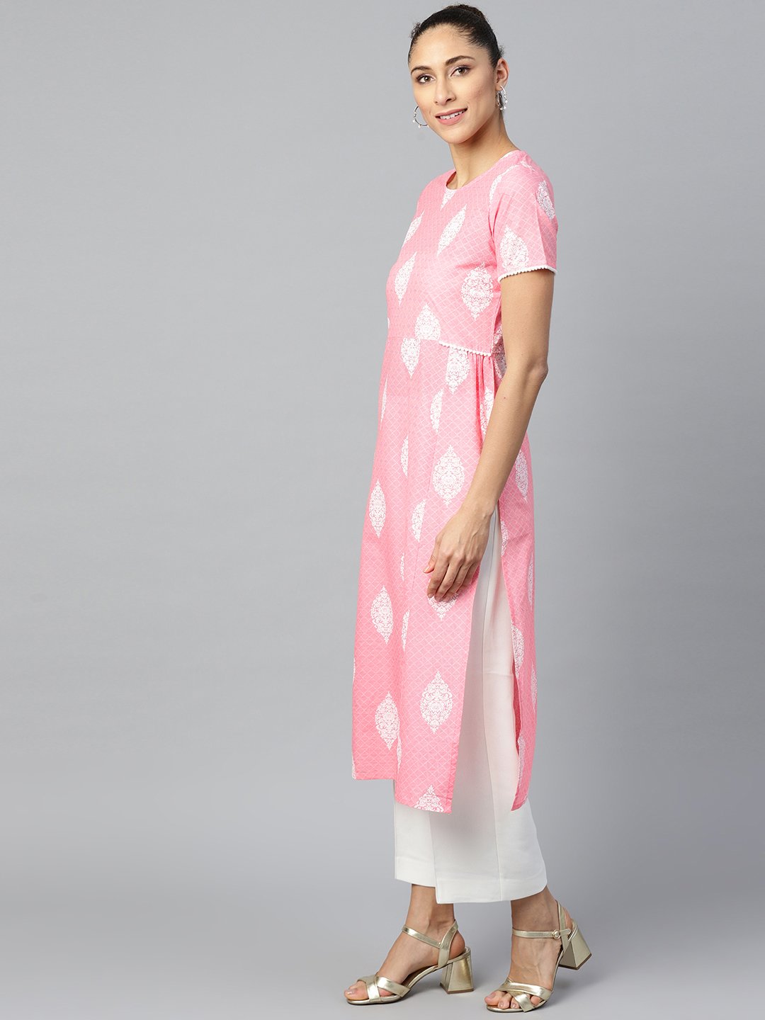 Women Pink Calf Length Short Sleeves A-Line Ethnic Motifs Printed Cotton Kurta | NOZ2TOZ - Made In INDIA.