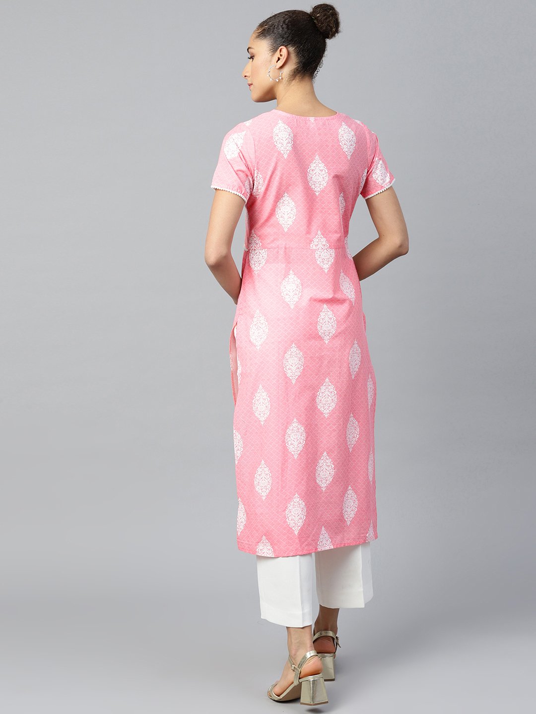 Women Pink Calf Length Short Sleeves A-Line Ethnic Motifs Printed Cotton Kurta | NOZ2TOZ - Made In INDIA.