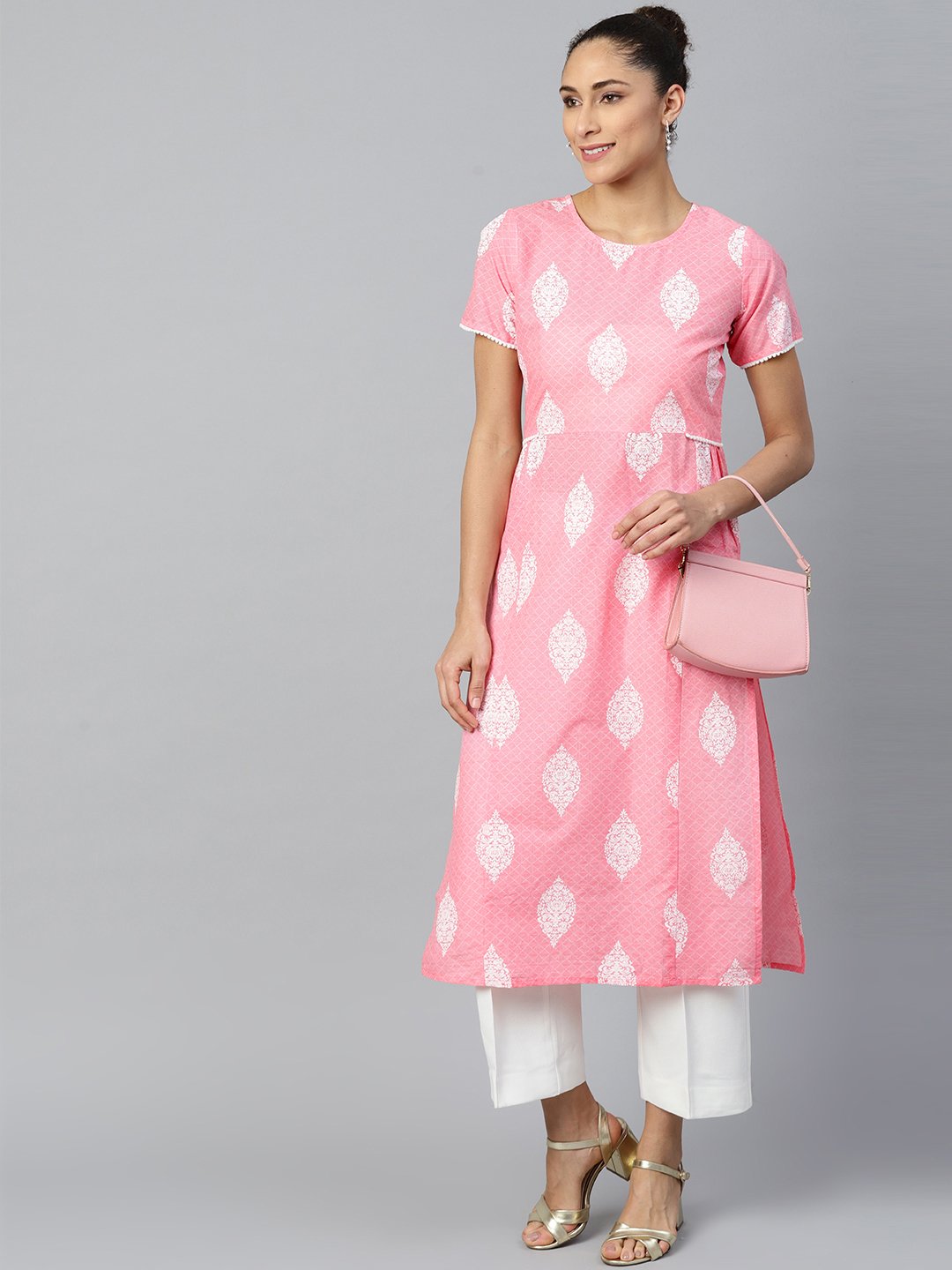 Women Pink Calf Length Short Sleeves A-Line Ethnic Motifs Printed Cotton Kurta | NOZ2TOZ - Made In INDIA.