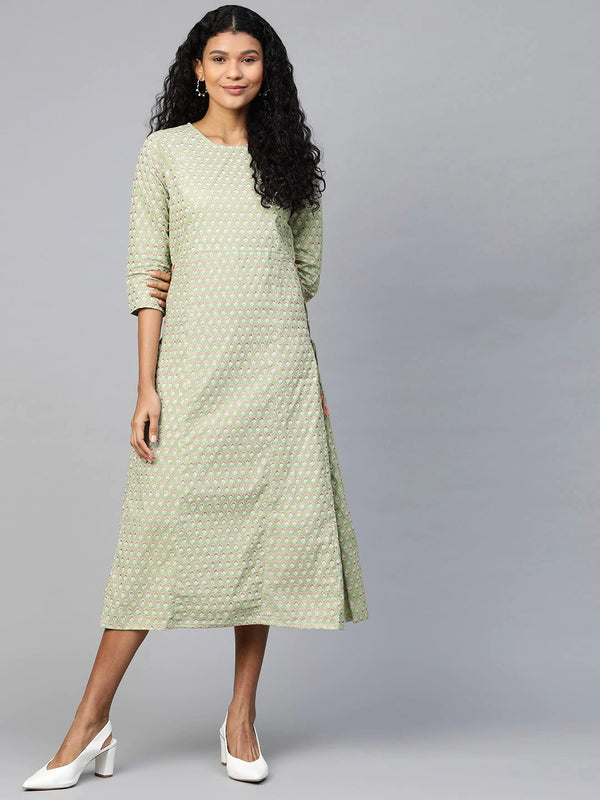 Women Green Ethnic Motifs Printed A-Line Dress | NOZ2TOZ - Made In INDIA.