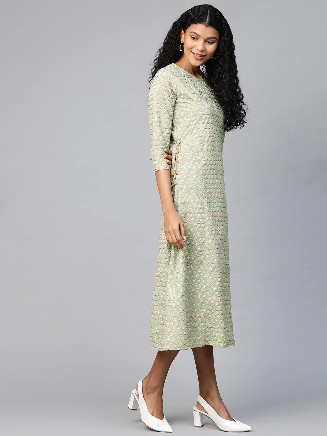 Women Green Ethnic Motifs Printed A-Line Dress | NOZ2TOZ - Made In INDIA.