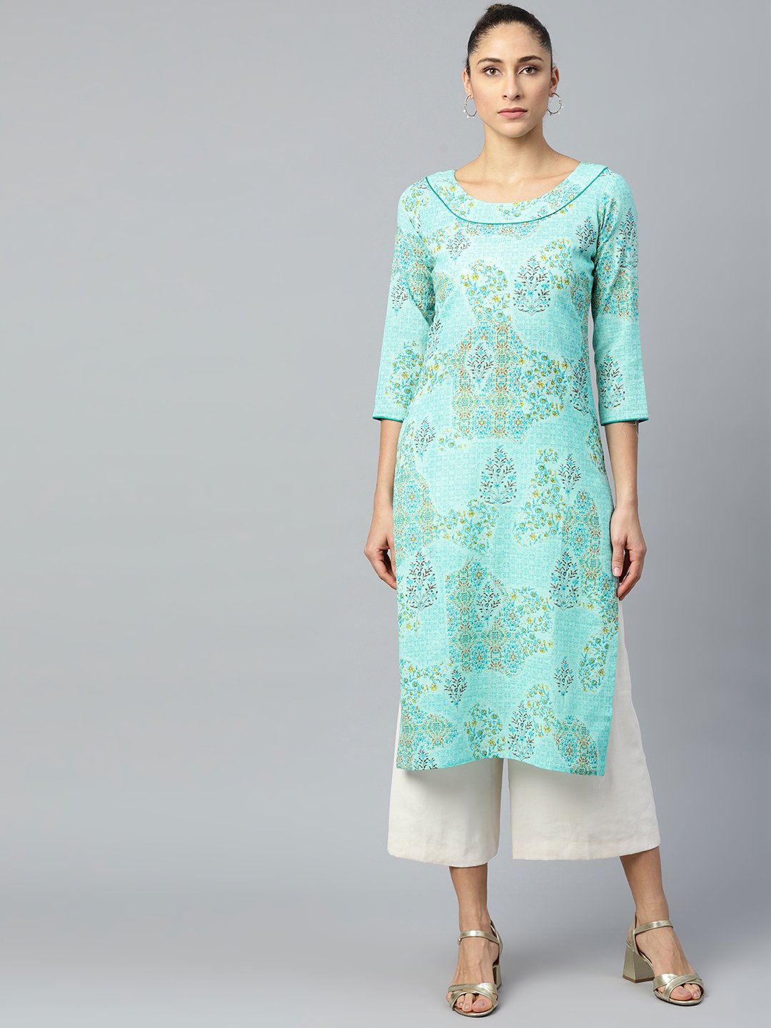 Women Blue Calf Length Three-Quarter Sleeves Straight Floral Printed Cotton Kurta | NOZ2TOZ - Made In INDIA.