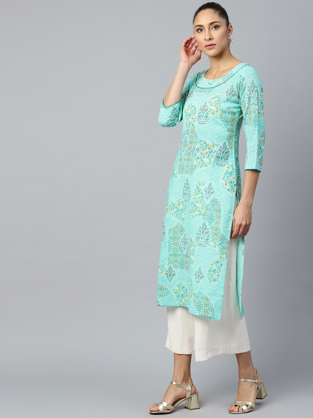 Women Blue Calf Length Three-Quarter Sleeves Straight Floral Printed Cotton Kurta | NOZ2TOZ - Made In INDIA.