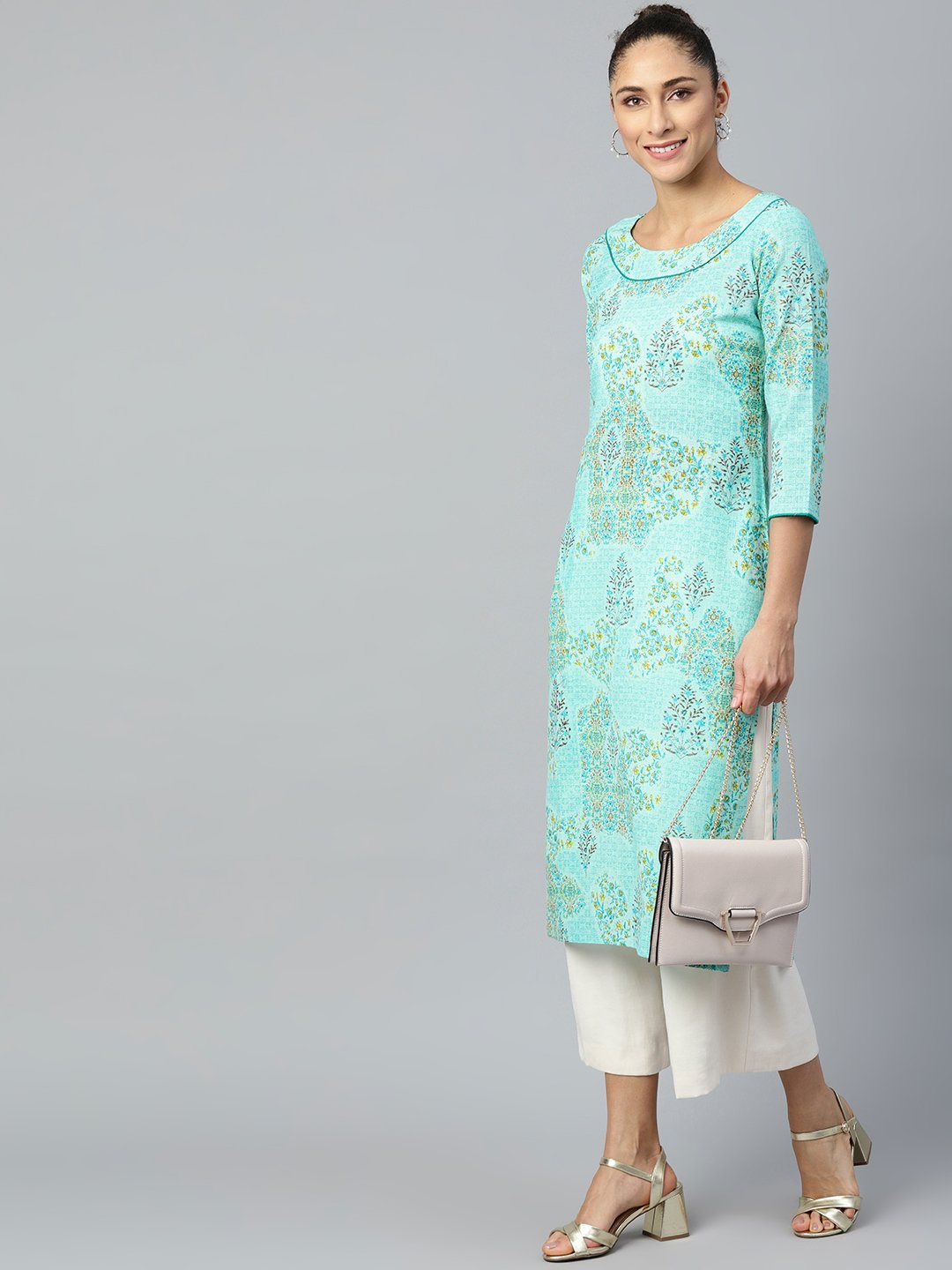 Women Blue Calf Length Three-Quarter Sleeves Straight Floral Printed Cotton Kurta | NOZ2TOZ - Made In INDIA.