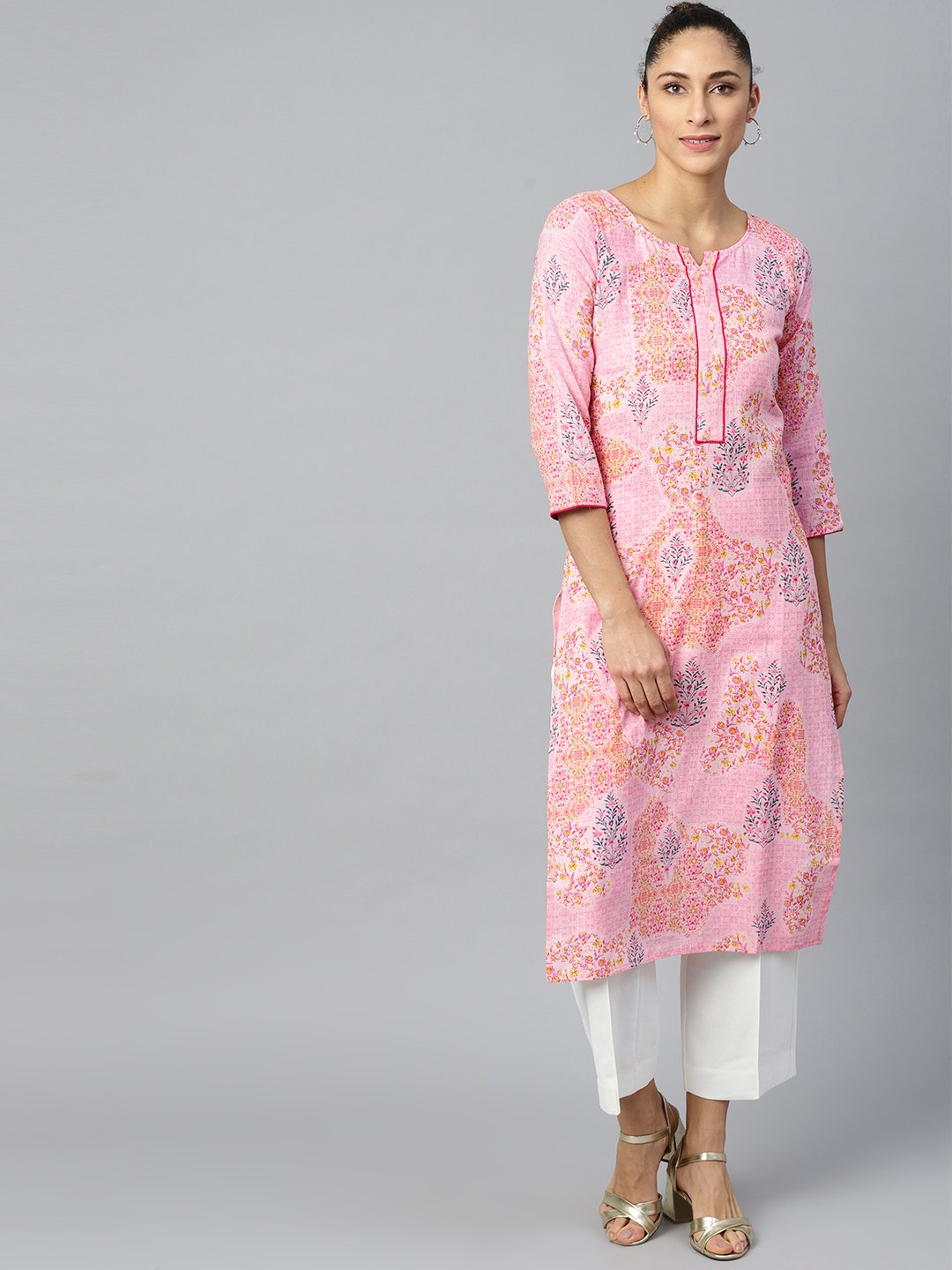 Women Pink Calf Length Three-Quarter Sleeves Straight Floral Printed Cotton Kurta | NOZ2TOZ - Made In INDIA.