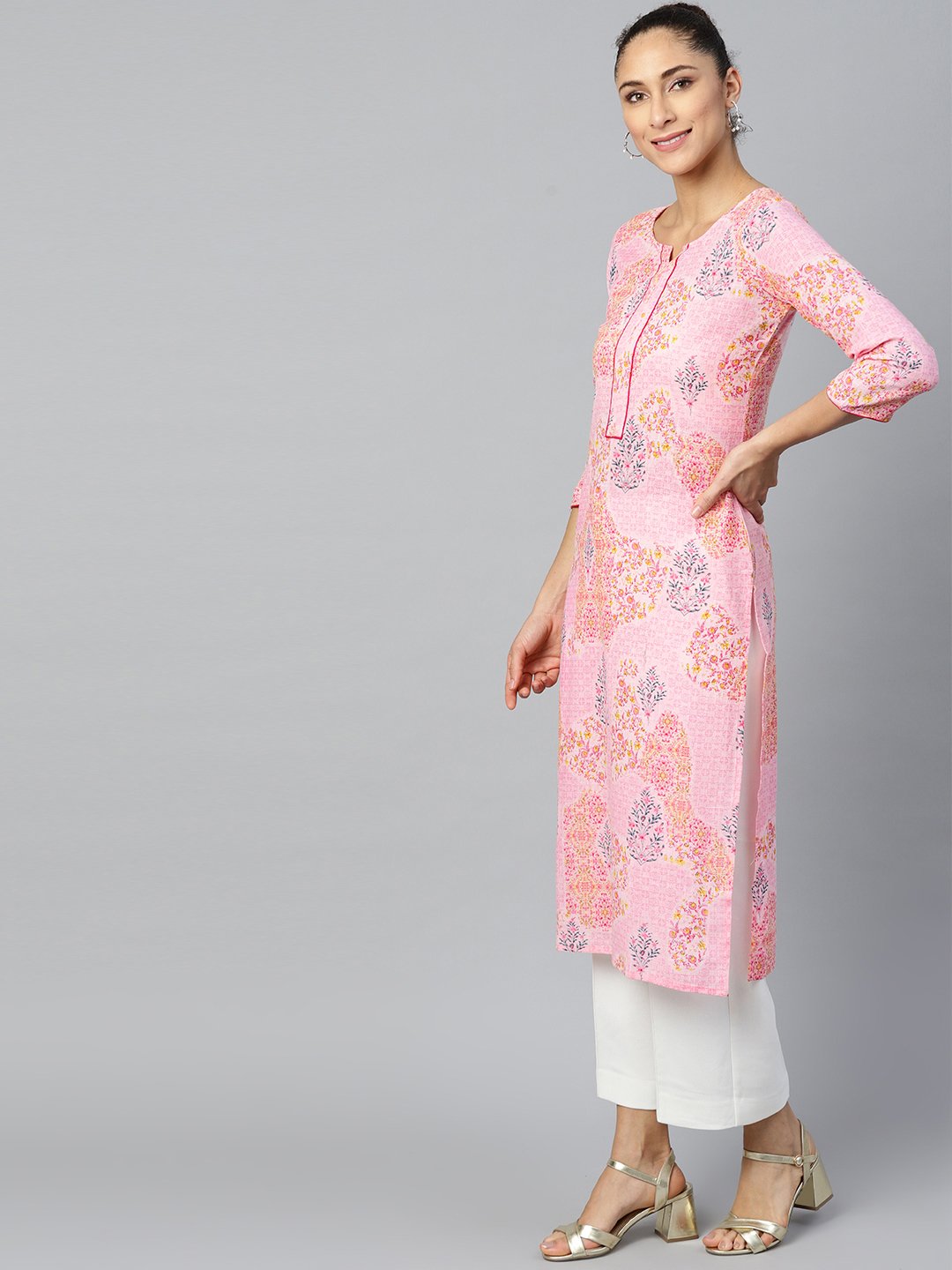 Women Pink Calf Length Three-Quarter Sleeves Straight Floral Printed Cotton Kurta | NOZ2TOZ - Made In INDIA.