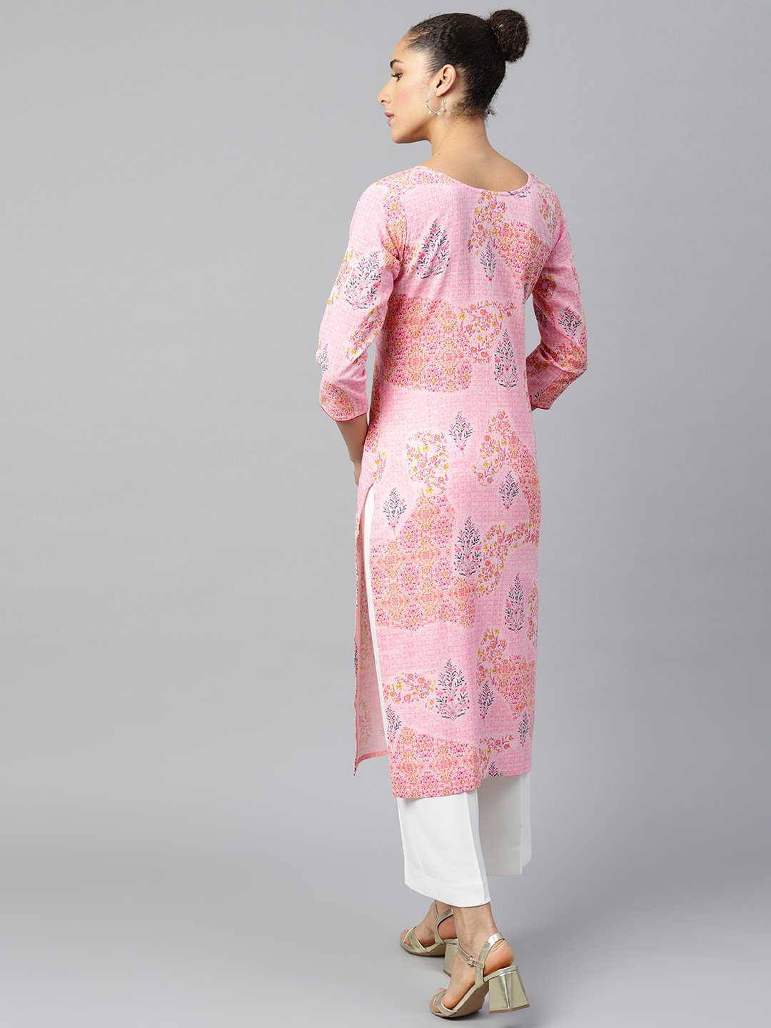 Women Pink Calf Length Three-Quarter Sleeves Straight Floral Printed Cotton Kurta | NOZ2TOZ - Made In INDIA.