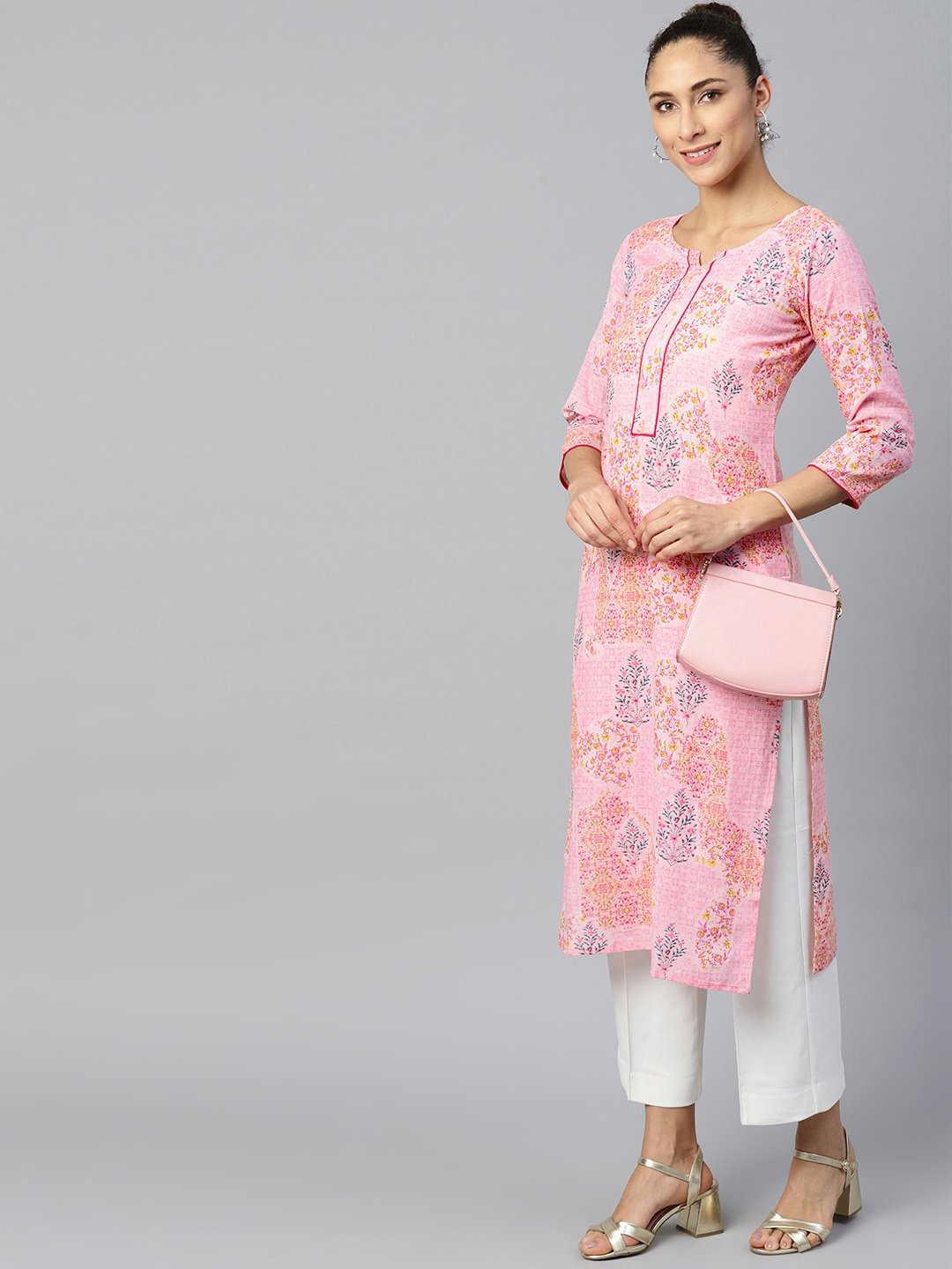 Women Pink Calf Length Three-Quarter Sleeves Straight Floral Printed Cotton Kurta | NOZ2TOZ - Made In INDIA.