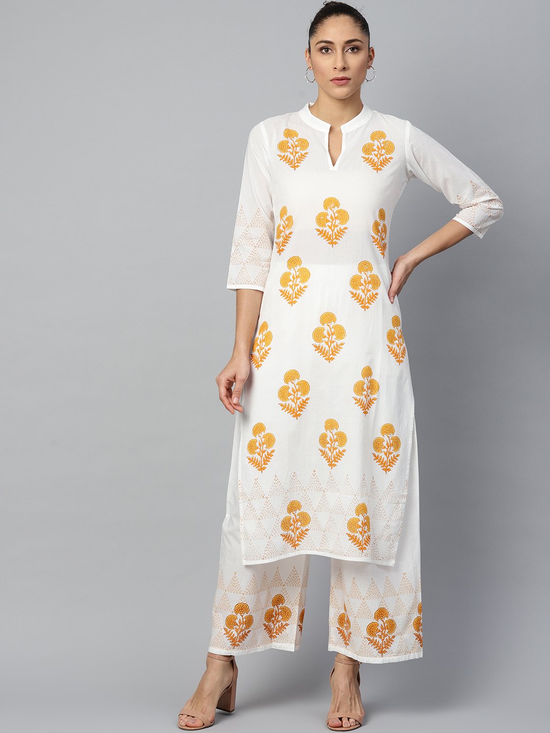 Women White Three-Quarter Sleeves Straight Kurta with Palazzo Set | NOZ2TOZ - Made In INDIA.