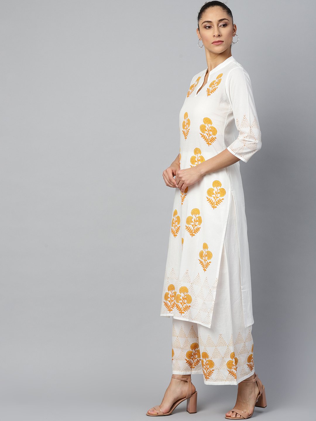 Women White Three-Quarter Sleeves Straight Kurta with Palazzo Set | NOZ2TOZ - Made In INDIA.