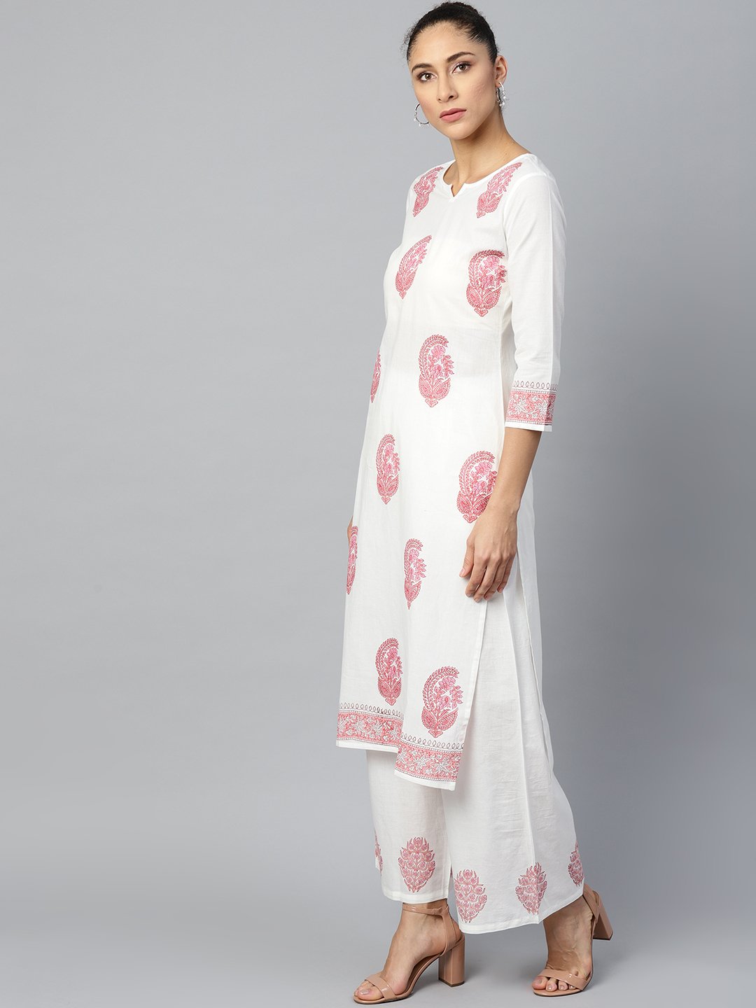 Women White Three-Quarter Sleeves Straight Kurta with Palazzo Set | NOZ2TOZ - Made In INDIA.