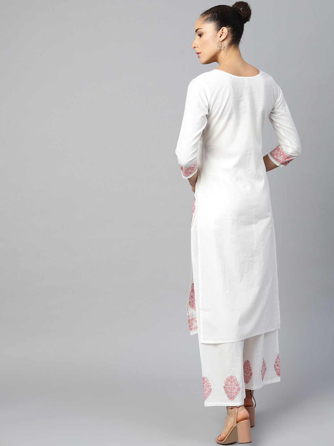 Women White Three-Quarter Sleeves Straight Kurta with Palazzo Set | NOZ2TOZ - Made In INDIA.