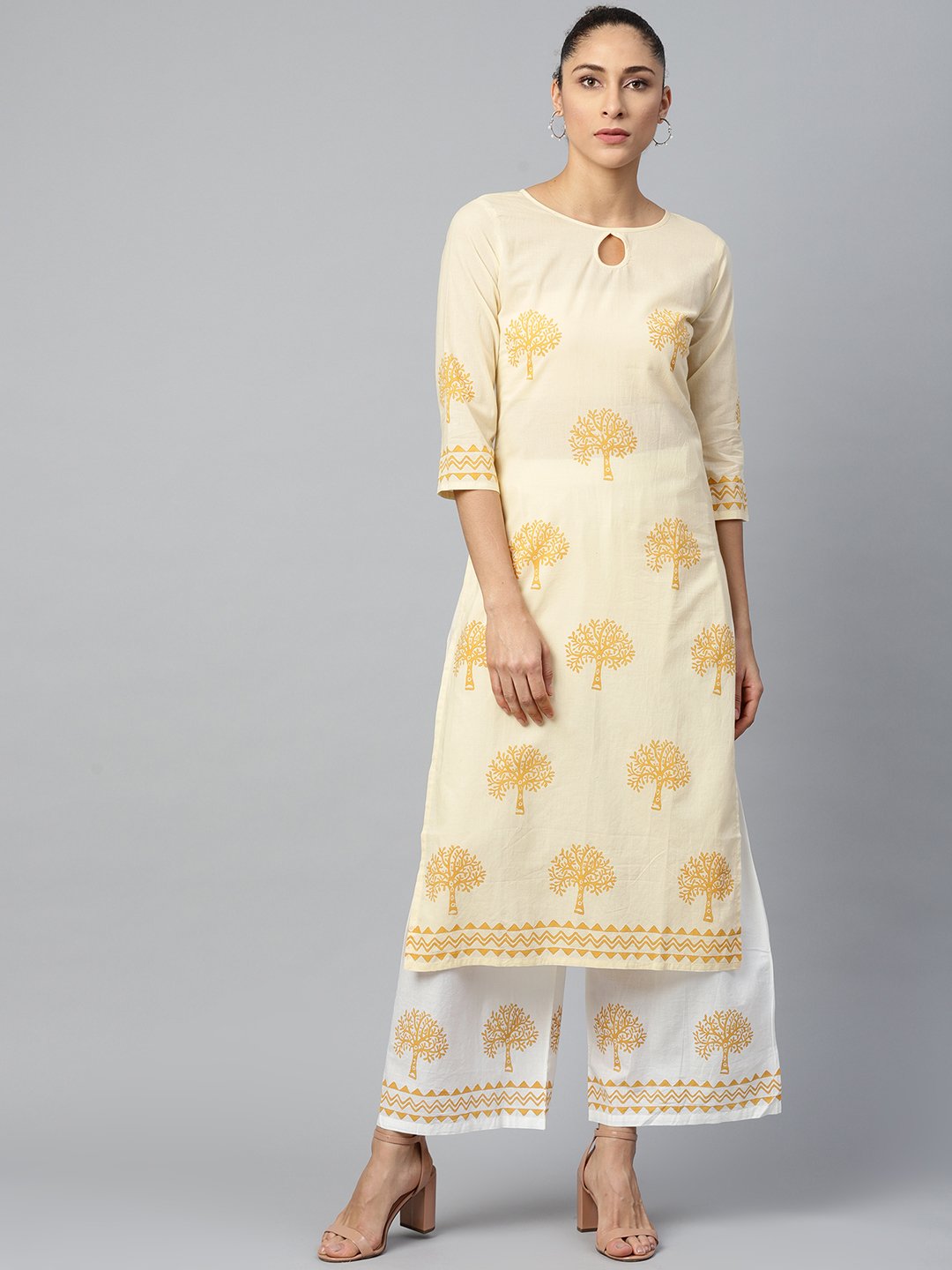 Women White Three-Quarter Sleeves Straight Kurta with Palazzo Set | NOZ2TOZ - Made In INDIA.