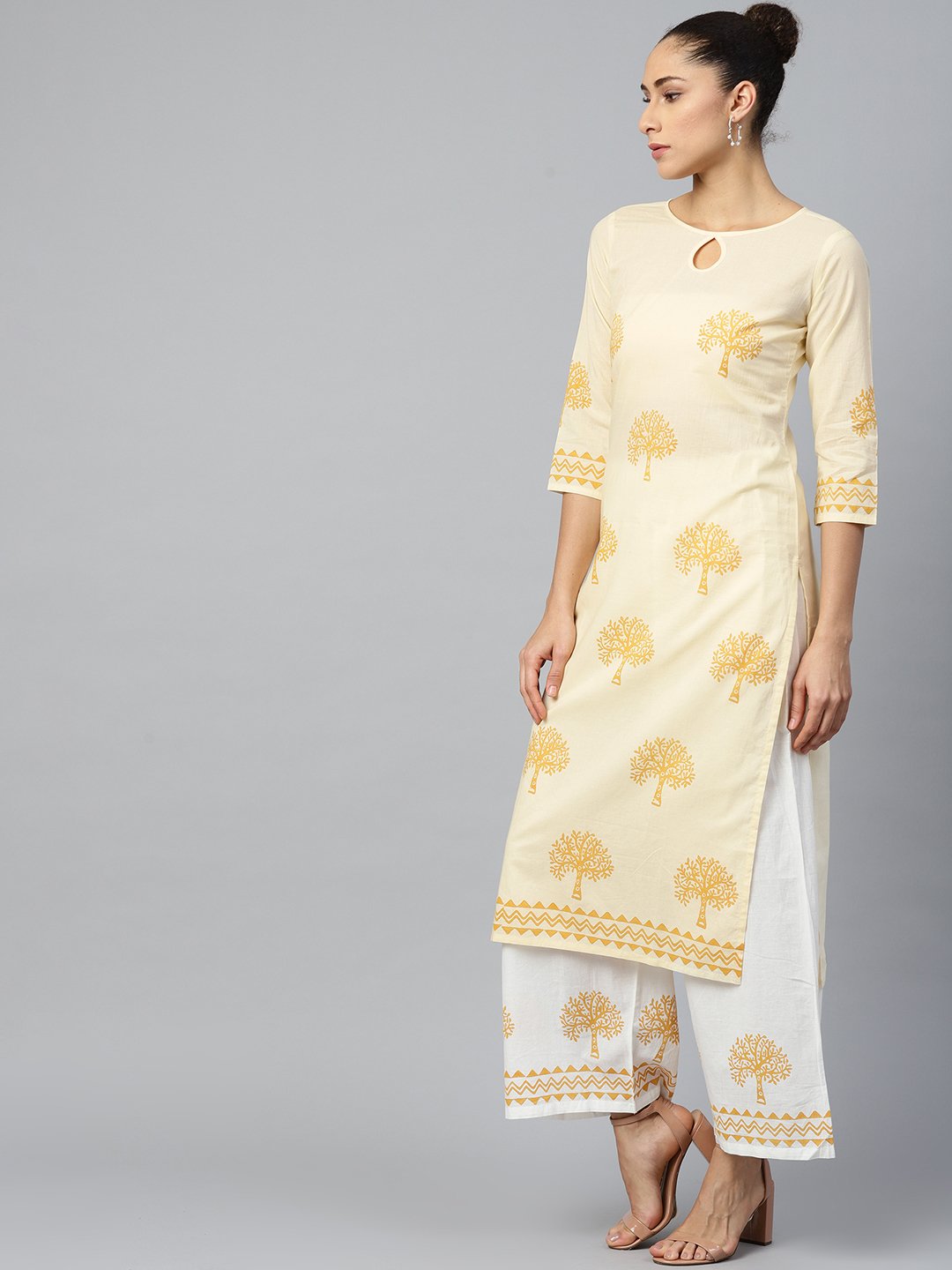 Women White Three-Quarter Sleeves Straight Kurta with Palazzo Set | NOZ2TOZ - Made In INDIA.