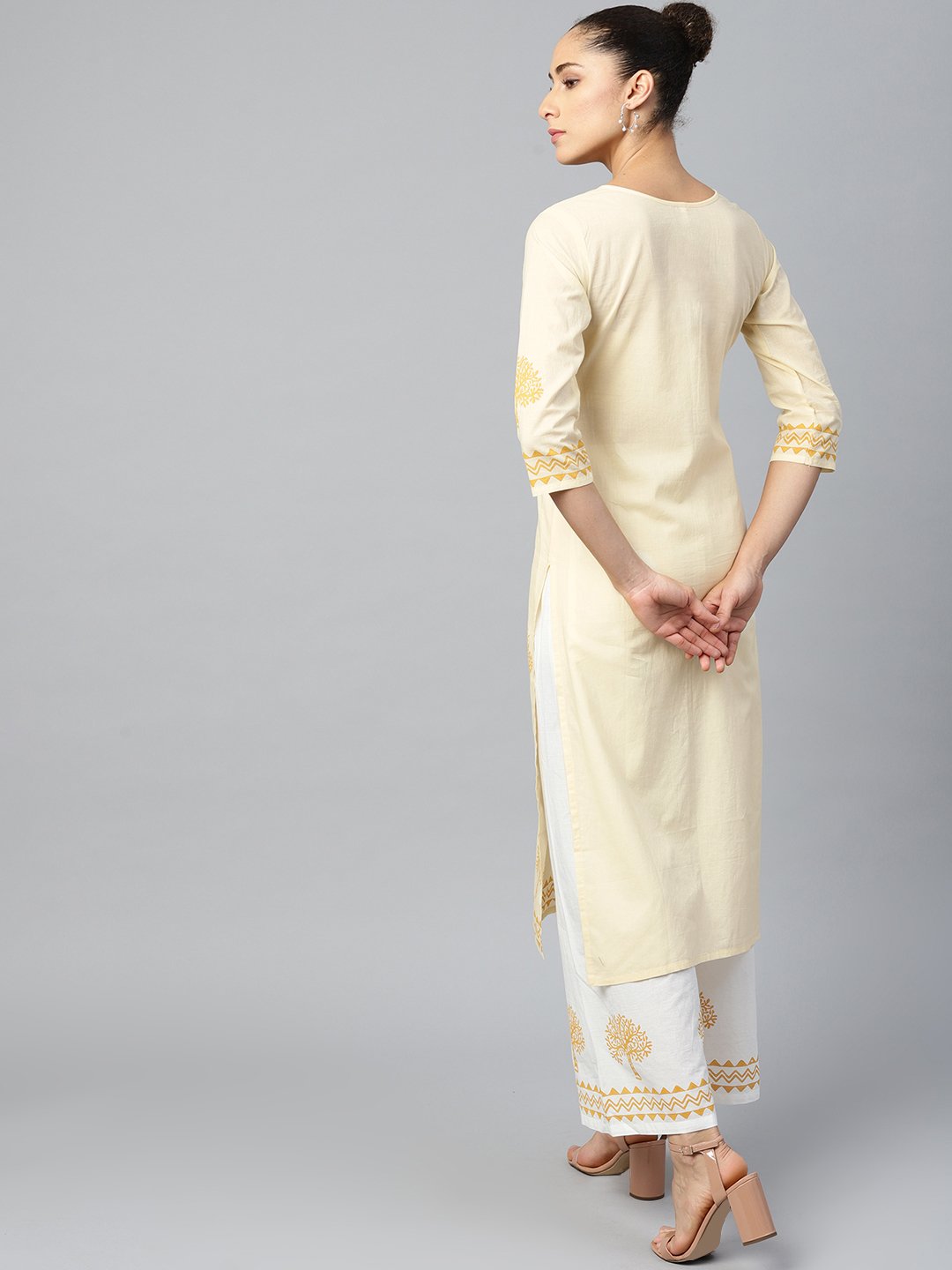 Women White Three-Quarter Sleeves Straight Kurta with Palazzo Set | NOZ2TOZ - Made In INDIA.