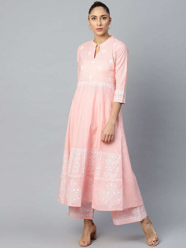 Women Pink Three-Quarter Sleeves Flared Kurta with Palazzo Set | NOZ2TOZ - Made In INDIA.