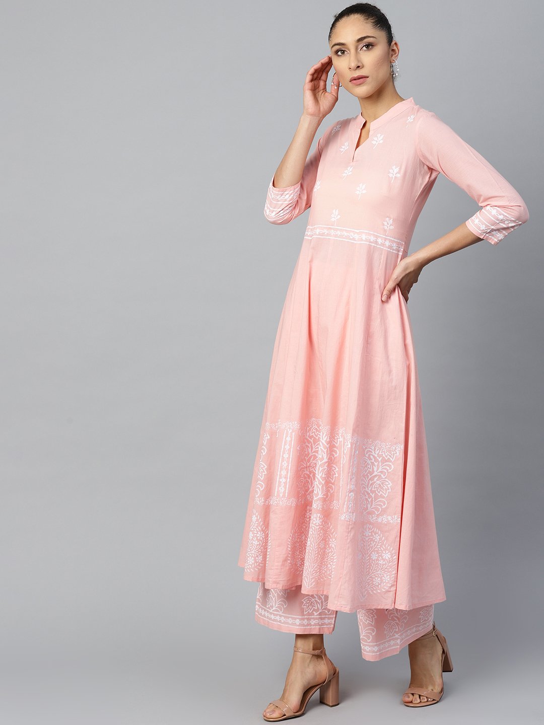 Women Pink Three-Quarter Sleeves Flared Kurta with Palazzo Set | NOZ2TOZ - Made In INDIA.