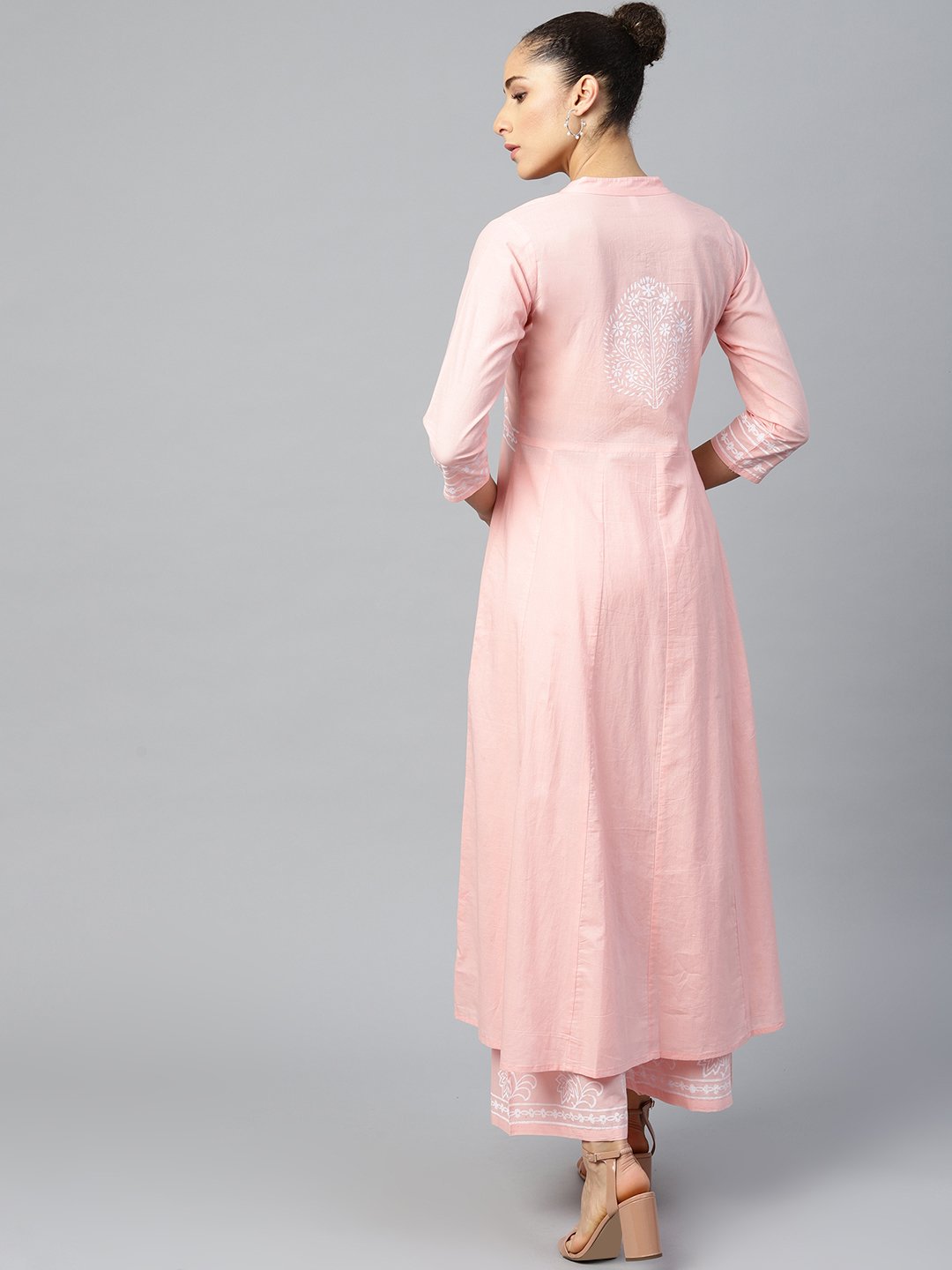 Women Pink Three-Quarter Sleeves Flared Kurta with Palazzo Set | NOZ2TOZ - Made In INDIA.