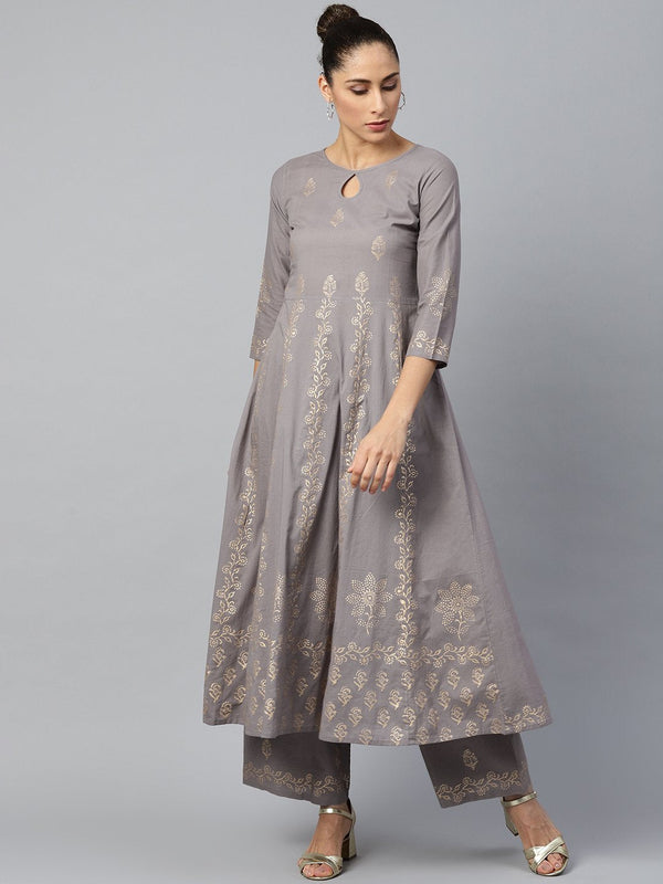 Women Grey Three-Quarter Sleeves Flared Kurta with Palazzo Set | NOZ2TOZ - Made In INDIA.