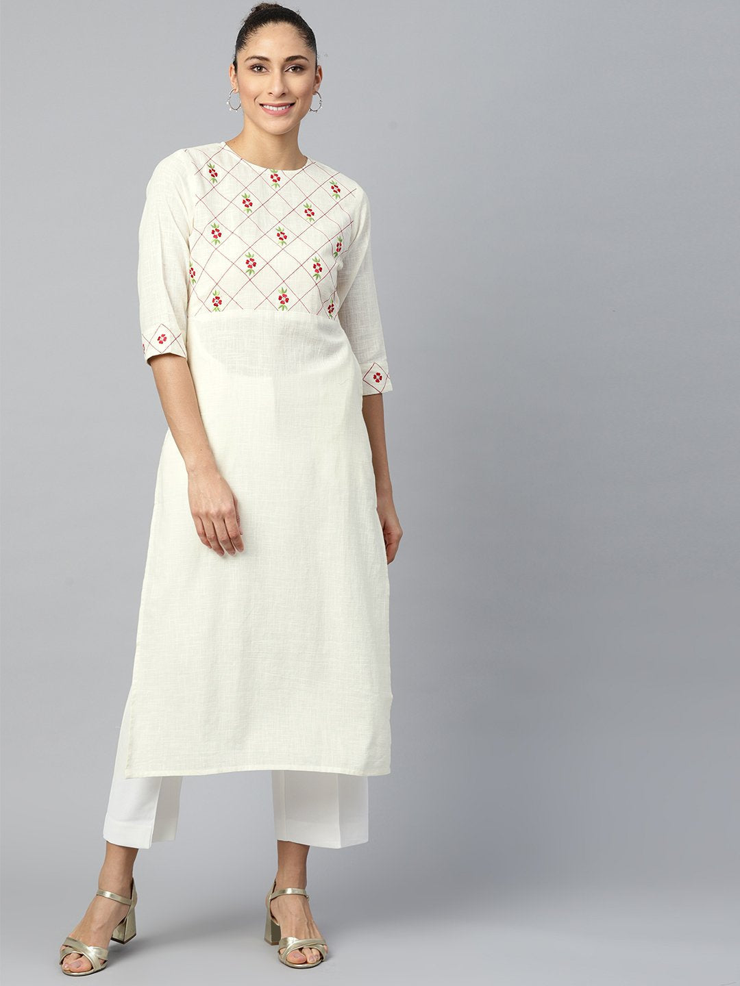 Women Offwhite Calf Length Three-Quarter Sleeves Straight Woven Design Embroidered Cotton Kurta | NOZ2TOZ - Made In INDIA.