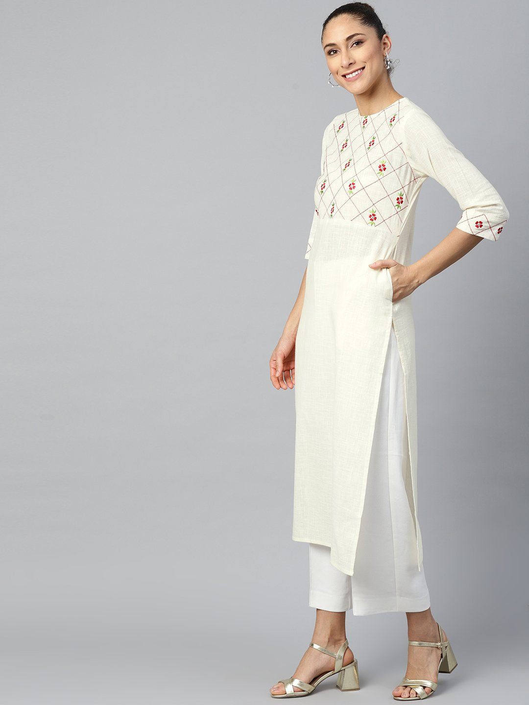 Women Offwhite Calf Length Three-Quarter Sleeves Straight Woven Design Embroidered Cotton Kurta | NOZ2TOZ - Made In INDIA.