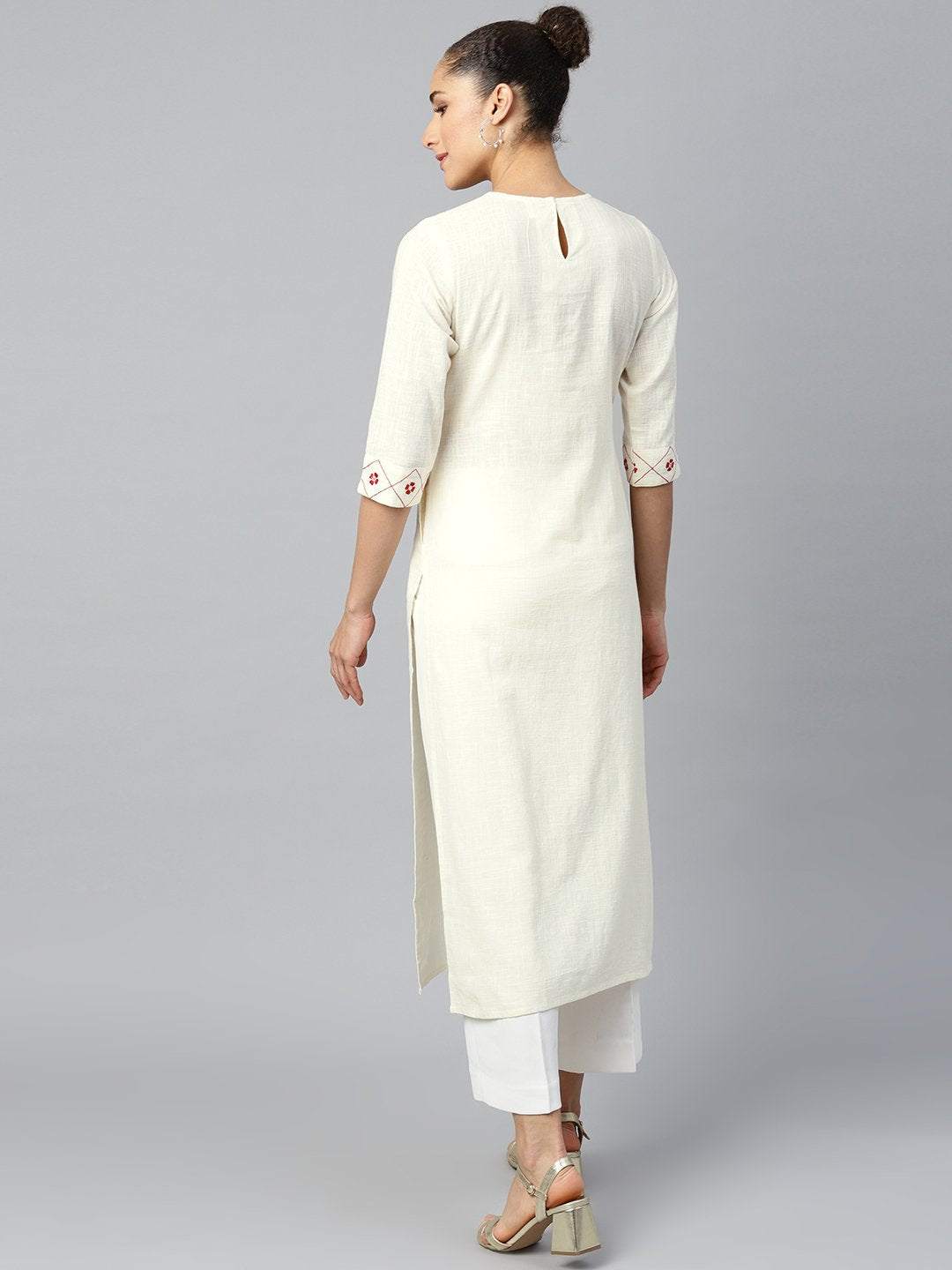 Women Offwhite Calf Length Three-Quarter Sleeves Straight Woven Design Embroidered Cotton Kurta | NOZ2TOZ - Made In INDIA.