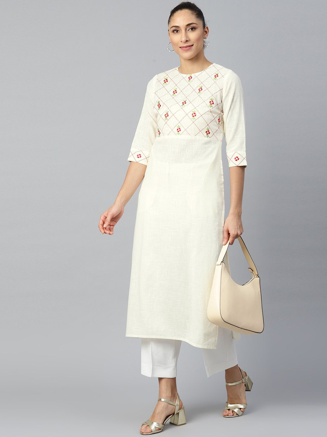 Women Offwhite Calf Length Three-Quarter Sleeves Straight Woven Design Embroidered Cotton Kurta | NOZ2TOZ - Made In INDIA.